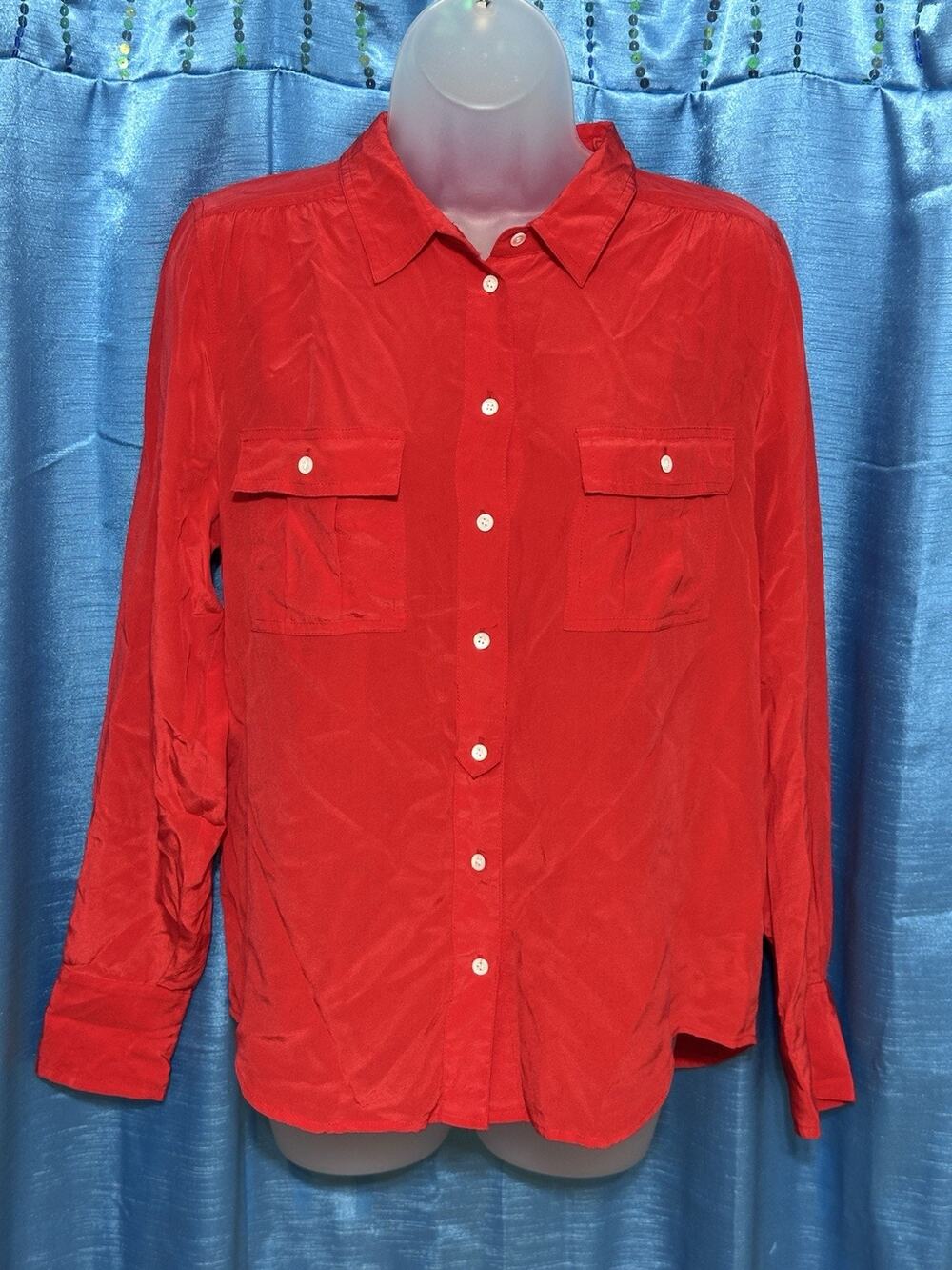 J CREW LONG SLEEVE 100% SILK Button Up BLOUSE SIZE 8 Med SOLID Red POCKETS